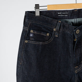 AG Tellis New Union Dark 12oz Denim - Navy, Cotton, Denim, Leather, Tapered - Detail View