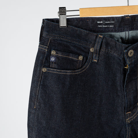 AG Tellis New Union Dark 12oz Denim - Navy, Cotton, Denim, Leather, Tapered - Detail View