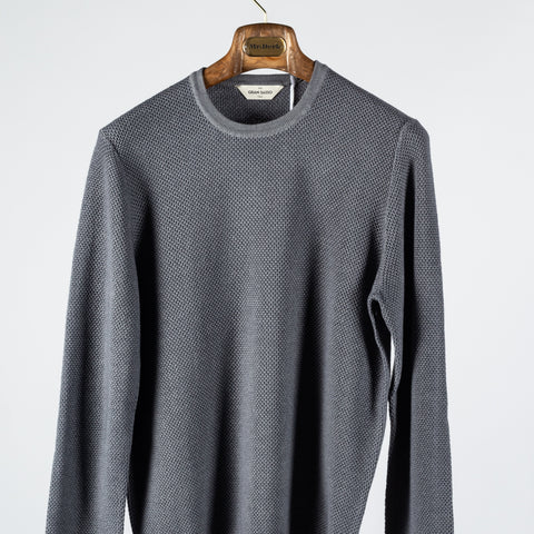 Gran Sasso Vintage Grey Chain Stitch Crewneck Sweater - Black, Wool, Merino, Suede, Solid, Made In Italy - View 6