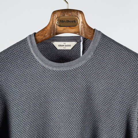 Gran Sasso Vintage Grey Chain Stitch Crewneck Sweater - Black, Wool, Merino, Suede, Solid, Made In Italy - View 7