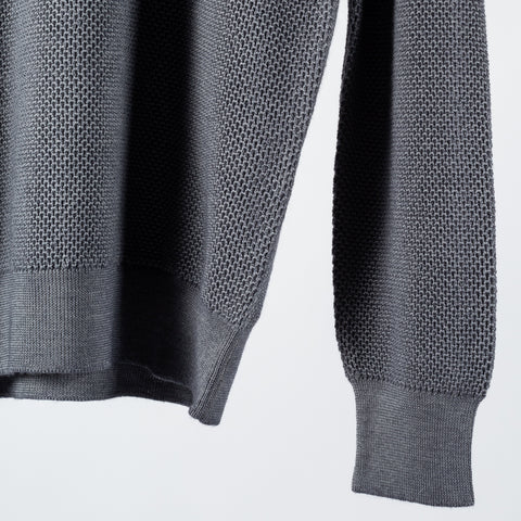 Gran Sasso Vintage Grey Chain Stitch Crewneck Sweater - Black, Wool, Merino, Suede, Solid, Made In Italy - Back View