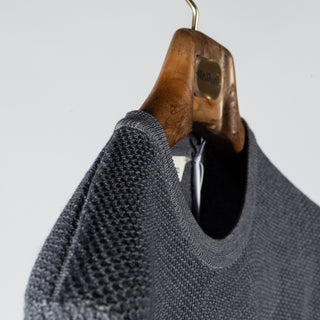 Gran Sasso Vintage Grey Chain Stitch Crewneck Sweater - Black, Wool, Merino, Suede, Solid, Made In Italy - Detail View