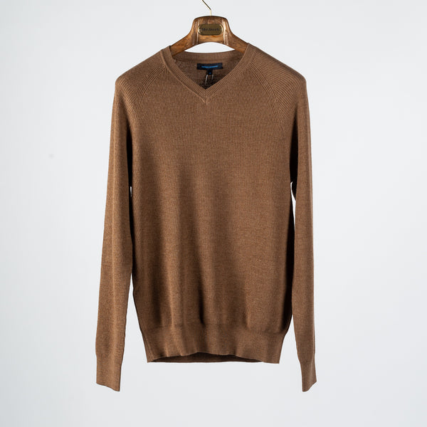 PYA FW24 Tan Ribbed V-neck Sweater