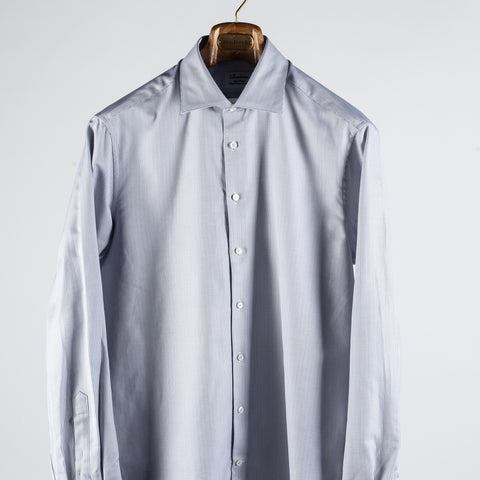 Stenstroms Grey Textured Twill Dress Shirt - Navy, Cotton, Twill, Leather, Check - View 6