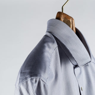 Stenstroms Grey Textured Twill Dress Shirt - Navy, Cotton, Twill, Leather, Check - Detail View