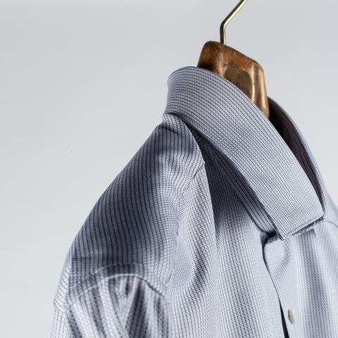 Stenstroms Grey Textured Twill Dress Shirt - Navy, Cotton, Twill, Leather, Check - Detail View