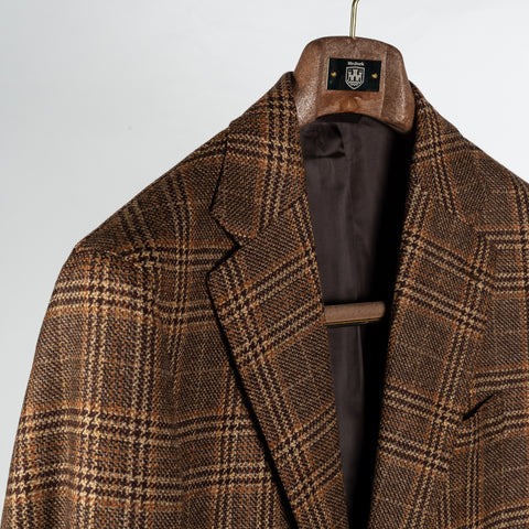 J Mueser Brown & Burnt Orange GlenCheck Waverly Blazer - Wool, Cashmere, Denim, Made In Italy - Detail View