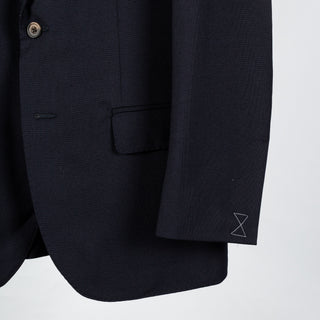 J Mueser Navy Fresco Wool Single Breasted Waverly Suit - Wool, Canvas, Matte, Made In Italy - Back View