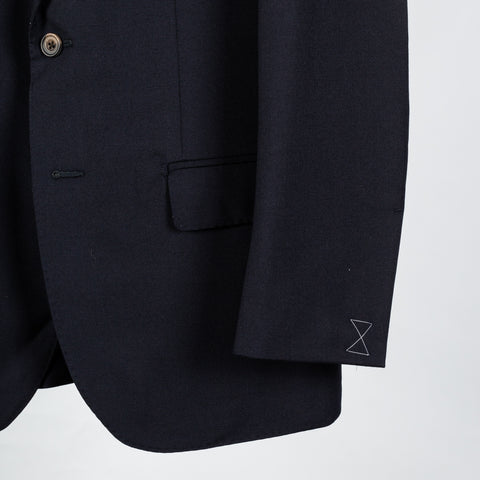 J Mueser Navy Fresco Wool Single Breasted Waverly Suit - Wool, Canvas, Matte, Made In Italy - Back View