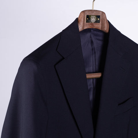 J Mueser Navy Fresco Wool Single Breasted Waverly Suit - Wool, Canvas, Matte, Made In Italy - Detail View