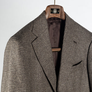 J Mueser Oatmeal Wool & Cashmere GlenCheck Weaverly Jacket - Tan, Wool, Cashmere, Denim, Made In Italy - Detail View
