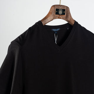 Black PYA Iconic V-neck T-Shirt - Wool, Cotton, Pima Cotton, Slim Fit, Made In Peru - Detail View
