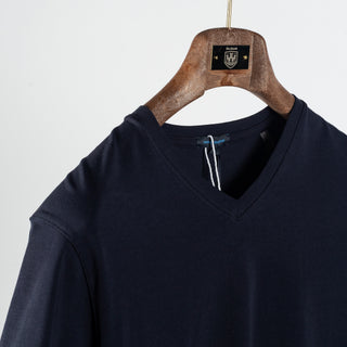 Navy PYA Iconic V-neck T-Shirt - Cotton, Pima Cotton, Peruvian Pima, Slim Fit, Knit, Made In Peru - Detail View