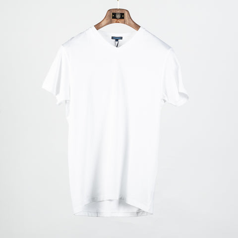 White PYA Iconic V-neck T-Shirt - Cotton, Silk, Pima Cotton, Slim Fit, Woven, Made In Peru