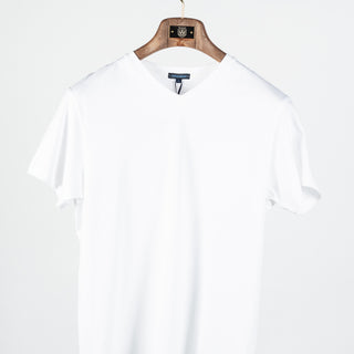 White PYA Iconic V-neck T-Shirt - Cotton, Silk, Pima Cotton, Slim Fit, Woven, Made In Peru - View 5