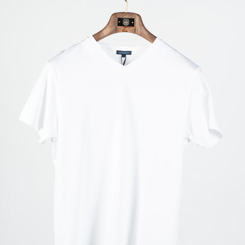 White PYA Iconic V-neck T-Shirt - Cotton, Silk, Pima Cotton, Slim Fit, Woven, Made In Peru - View 5
