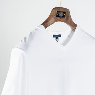White PYA Iconic V-neck T-Shirt - Cotton, Silk, Pima Cotton, Slim Fit, Woven, Made In Peru - Detail View