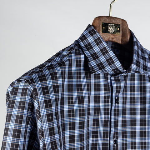 Stenstroms Navy & Blue Checked Twill Dress Shirt - Cotton, Twill, Regular Fit - Detail View