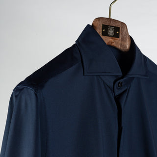 Xacus Navy Textured Stretch Active Dress Shirt - Stretch, Japanese, Slim Fit, Made In Italy - Detail View