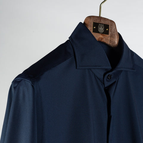 Xacus Navy Textured Stretch Active Dress Shirt - Stretch, Japanese, Slim Fit, Made In Italy - Detail View