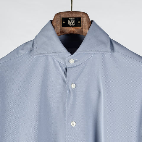 Xacus Blue Grey Textured Stretch Active Dress Shirt - Stretch, Japanese, Slim Fit, Solid, Made In Italy - View 7