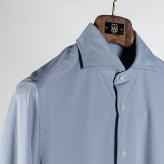 Xacus Blue Grey Textured Stretch Active Dress Shirt - Stretch, Japanese, Slim Fit, Solid, Made In Italy - Detail View
