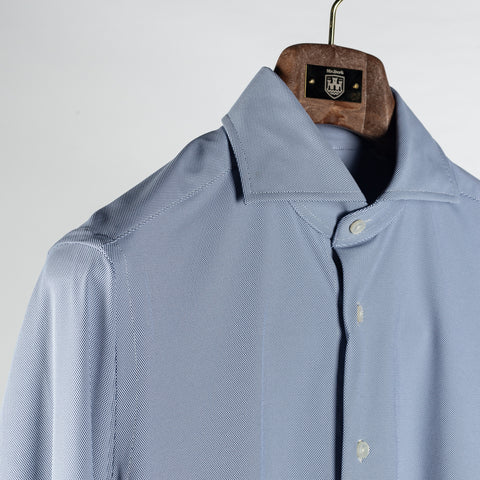 Xacus Blue Grey Textured Stretch Active Dress Shirt - Stretch, Japanese, Slim Fit, Solid, Made In Italy - Detail View