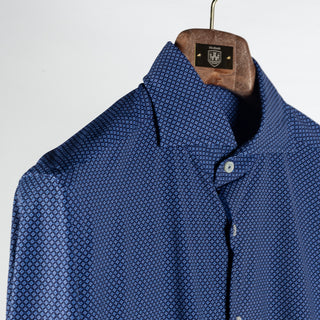 Xacus Medium Blue Patterned Stretch Active Dress Shirt - Stretch, Japanese, Slim Fit, Solid, Made In Italy - Detail View
