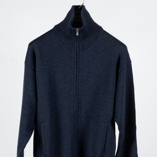 Gran Sasso Blue 3-Ply Mock Neck Full Zip Sweater - White, Wool, Merino, Denim, Ribbed, Made In Italy - View 7