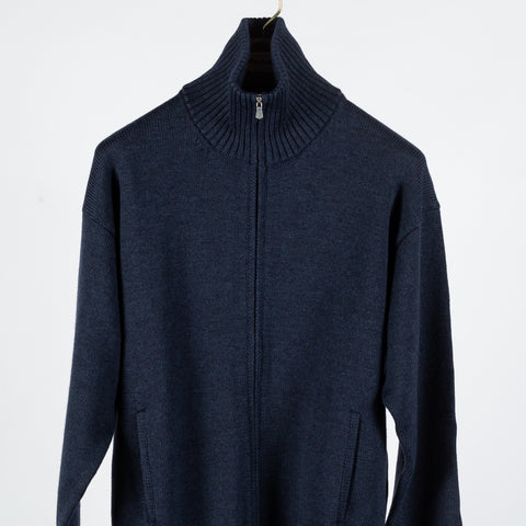 Gran Sasso Blue 3-Ply Mock Neck Full Zip Sweater - White, Wool, Merino, Denim, Ribbed, Made In Italy - View 7