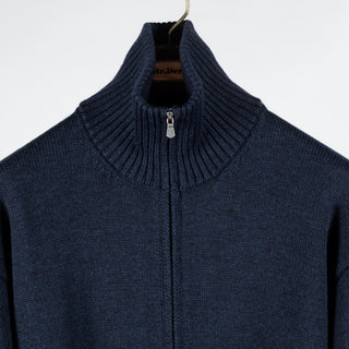 Gran Sasso Blue 3-Ply Mock Neck Full Zip Sweater - White, Wool, Merino, Denim, Ribbed, Made In Italy - View 8