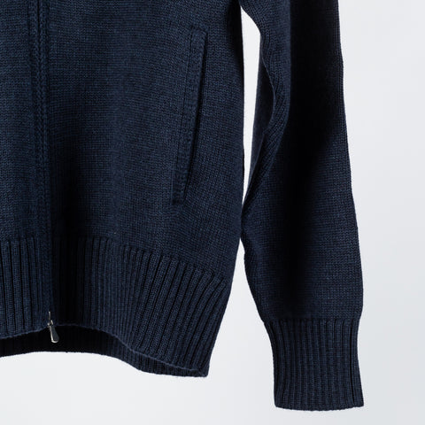 Gran Sasso Blue 3-Ply Mock Neck Full Zip Sweater - White, Wool, Merino, Denim, Ribbed, Made In Italy - View 5