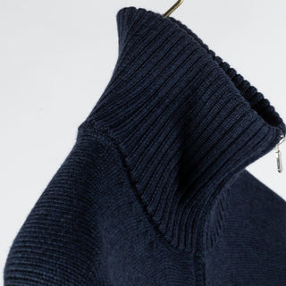 Gran Sasso Blue 3-Ply Mock Neck Full Zip Sweater - White, Wool, Merino, Denim, Ribbed, Made In Italy - Detail View
