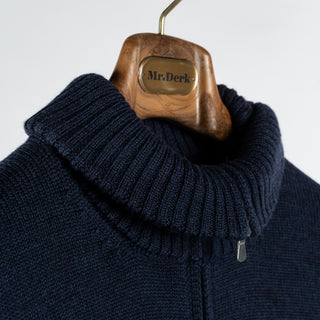 Gran Sasso Blue 3-Ply Mock Neck Full Zip Sweater - White, Wool, Merino, Denim, Ribbed, Made In Italy - Back View
