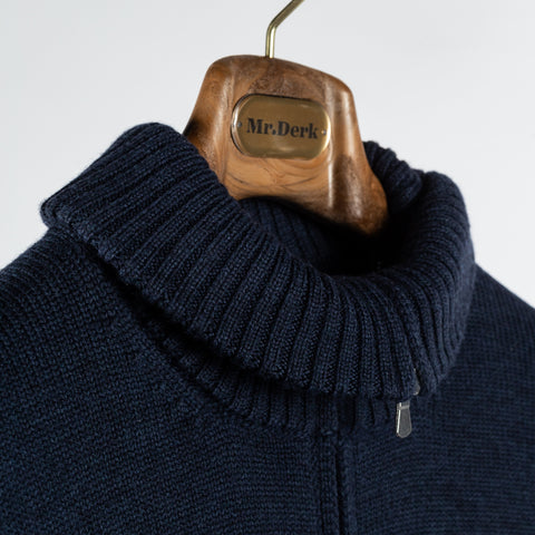 Gran Sasso Blue 3-Ply Mock Neck Full Zip Sweater - White, Wool, Merino, Denim, Ribbed, Made In Italy - Back View