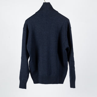 Gran Sasso Blue 3-Ply Mock Neck Full Zip Sweater - White, Wool, Merino, Denim, Ribbed, Made In Italy - View 6
