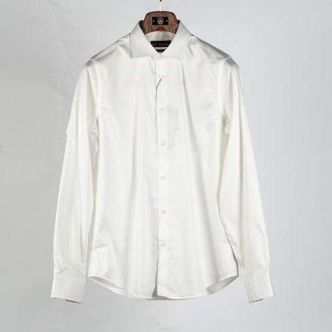 Lief Horsens Off White Stretch Dress Shirt - Navy, Cotton, Stretch