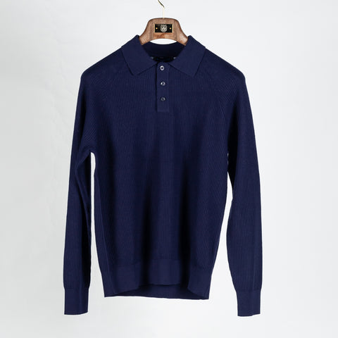 PYA Navy Ribbed Long Sleeve Polo - Cotton, Cashmere, Denim, Regular Fit, Knit
