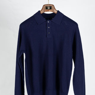 PYA Navy Ribbed Long Sleeve Polo - Cotton, Cashmere, Denim, Regular Fit, Knit - View 6