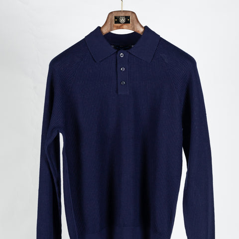 PYA Navy Ribbed Long Sleeve Polo - Cotton, Cashmere, Denim, Regular Fit, Knit - View 6