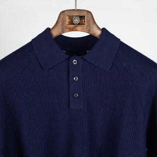 PYA Navy Ribbed Long Sleeve Polo - Cotton, Cashmere, Denim, Regular Fit, Knit - View 7