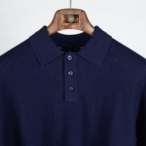 PYA Navy Ribbed Long Sleeve Polo - Cotton, Cashmere, Denim, Regular Fit, Knit - View 7