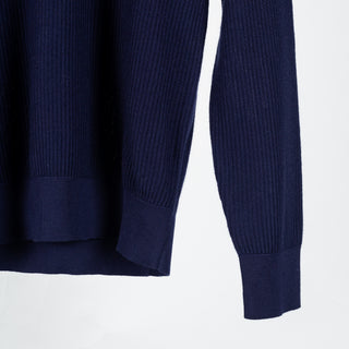 PYA Navy Ribbed Long Sleeve Polo - Cotton, Cashmere, Denim, Regular Fit, Knit - Back View