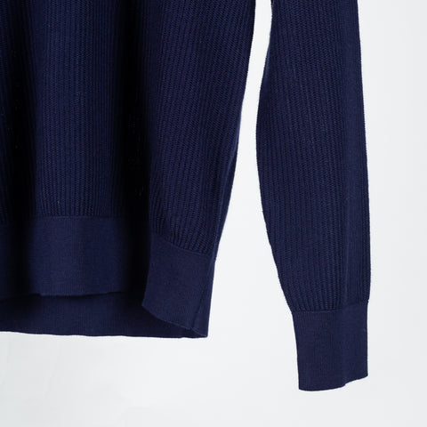 PYA Navy Ribbed Long Sleeve Polo - Cotton, Cashmere, Denim, Regular Fit, Knit - Back View