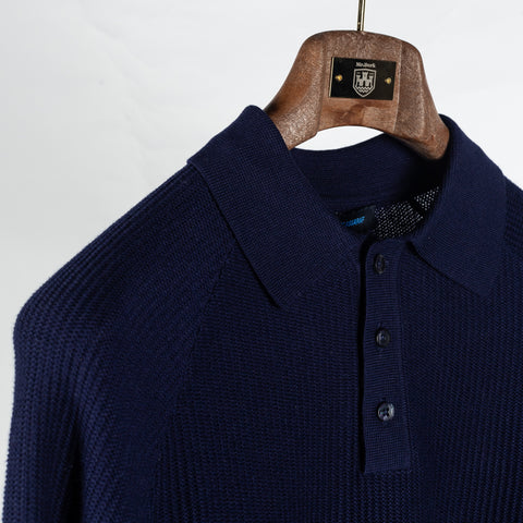 PYA Navy Ribbed Long Sleeve Polo - Cotton, Cashmere, Denim, Regular Fit, Knit - Detail View