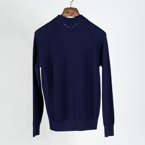 PYA Navy Ribbed Long Sleeve Polo - Cotton, Cashmere, Denim, Regular Fit, Knit - View 5