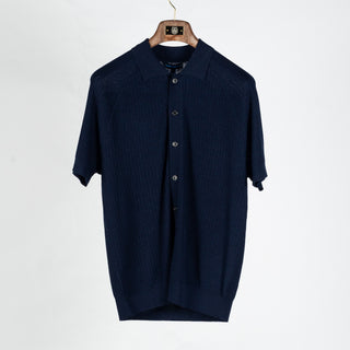 PYA Navy Ribbed Wool-Sink Button Up Polo - Wool, Silk, Merino, Regular Fit, Woven