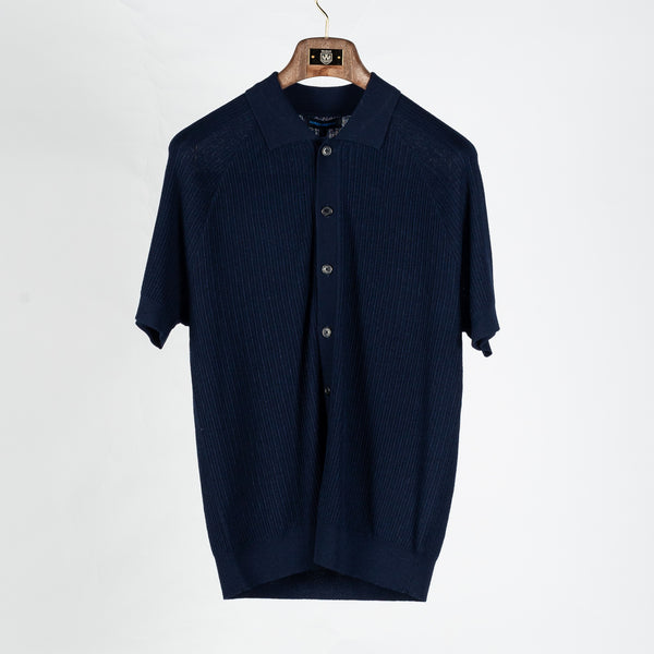 Navy Ribbed Wool-Silk Button Up Polo