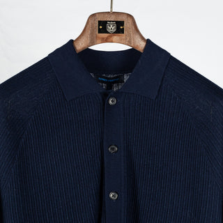 PYA Navy Ribbed Wool-Sink Button Up Polo - Wool, Silk, Merino, Regular Fit, Woven - View 6
