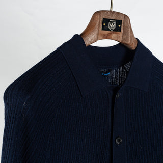 PYA Navy Ribbed Wool-Sink Button Up Polo - Wool, Silk, Merino, Regular Fit, Woven - Detail View